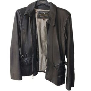Express Black Leather Jacket Womens Vintage Collared Full Zip Buckle Detail EUC